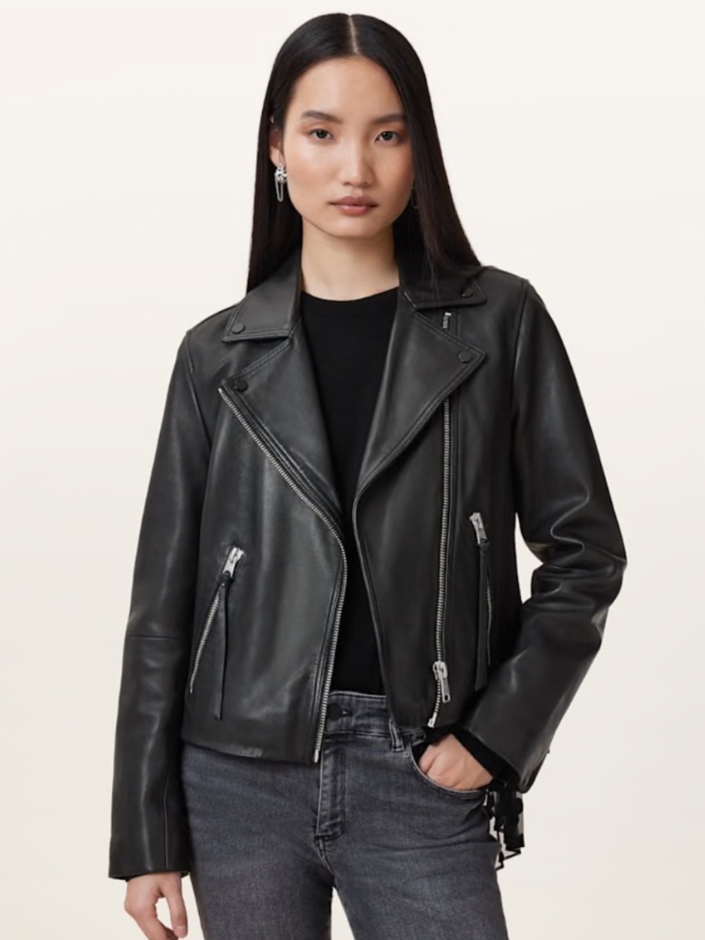 NEW All Saints Dalby Slim Fit Leather Biker Jacket Black 4